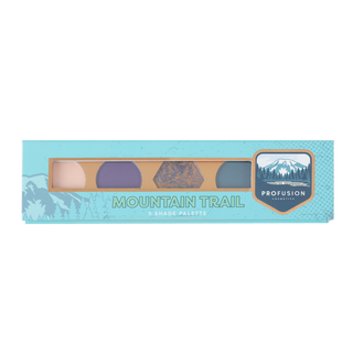 Profusion Cosmetics Mountain Trail 5-shade palette with earthy blue, purple, and neutral hues.