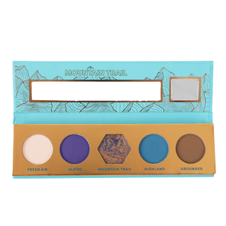 Blooming Beauty 5-Shade Eyeshadow Palette from the Mountain Trail collection, open to display five shades: cream, purple, marbled blue, blue, and brown.