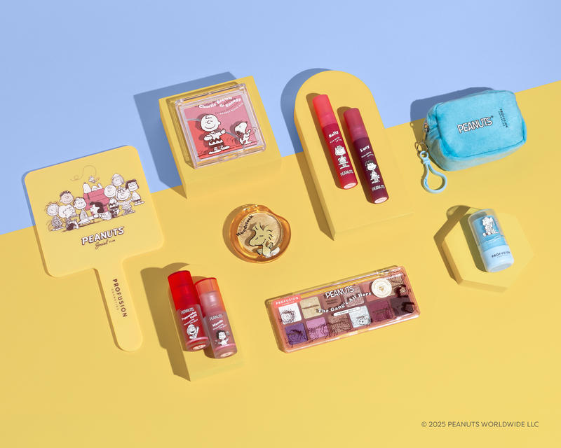 Collection of Peanuts 75th Bundle Sets including lip balms, Mirror, pouch with lip balm, lip tint, lip oil, face highlighter, face blush and eyeshadow palette. 