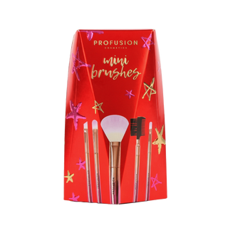Profusion Cosmetics Mini Brushes set in vibrant red holiday packaging with gold lettering and star accents.