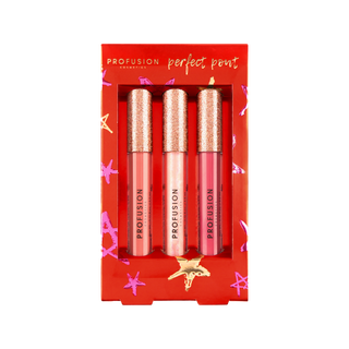 Profusion Cosmetics "Perfect Pout" 3-piece lip gloss set in pink and coral shades with glitter caps