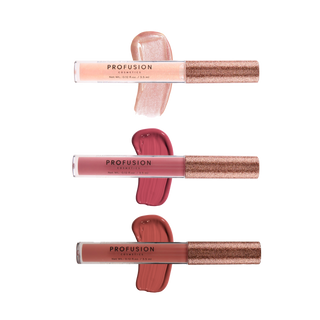 Profusion Cosmetics Crimson Perfect Pout 3-Piece Lip Gloss Set featuring nude, pink, and mauve shades with glittery caps