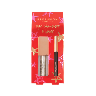 Profusion Cosmetics holiday Eye Shimmer & Liner set featuring a sparkling silver shimmer and sleek black liner, packaged in a vibrant red box with star designs.