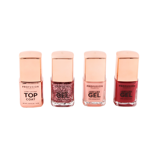 Profusion Cosmetics 4-piece Crimson Gel Nails polish set, including a top coat and three gel-like polishes in shades of pink, crimson, and glitter.