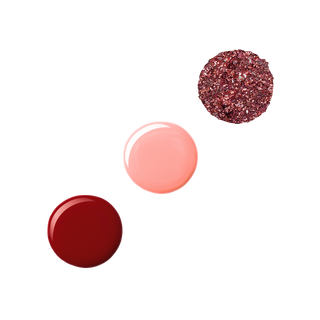 Circular nail polish swatches in glossy deep red, light peach, and rose gold glitter.