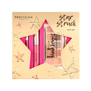 Gold star-themed makeup gift set with a pink lip gloss and a neutral, glittery eyeshadow palette.