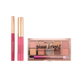 Makeup set with a matte and shimmer pink eyeshadow palette, pink lip gloss, and lip liner.