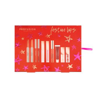 Festive lip makeup gift set with lipsticks and glosses in a red star-patterned box.