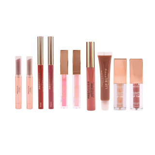 Collection of pink, nude, and mauve lip glosses, liners, and creams in matte and glossy finishes.