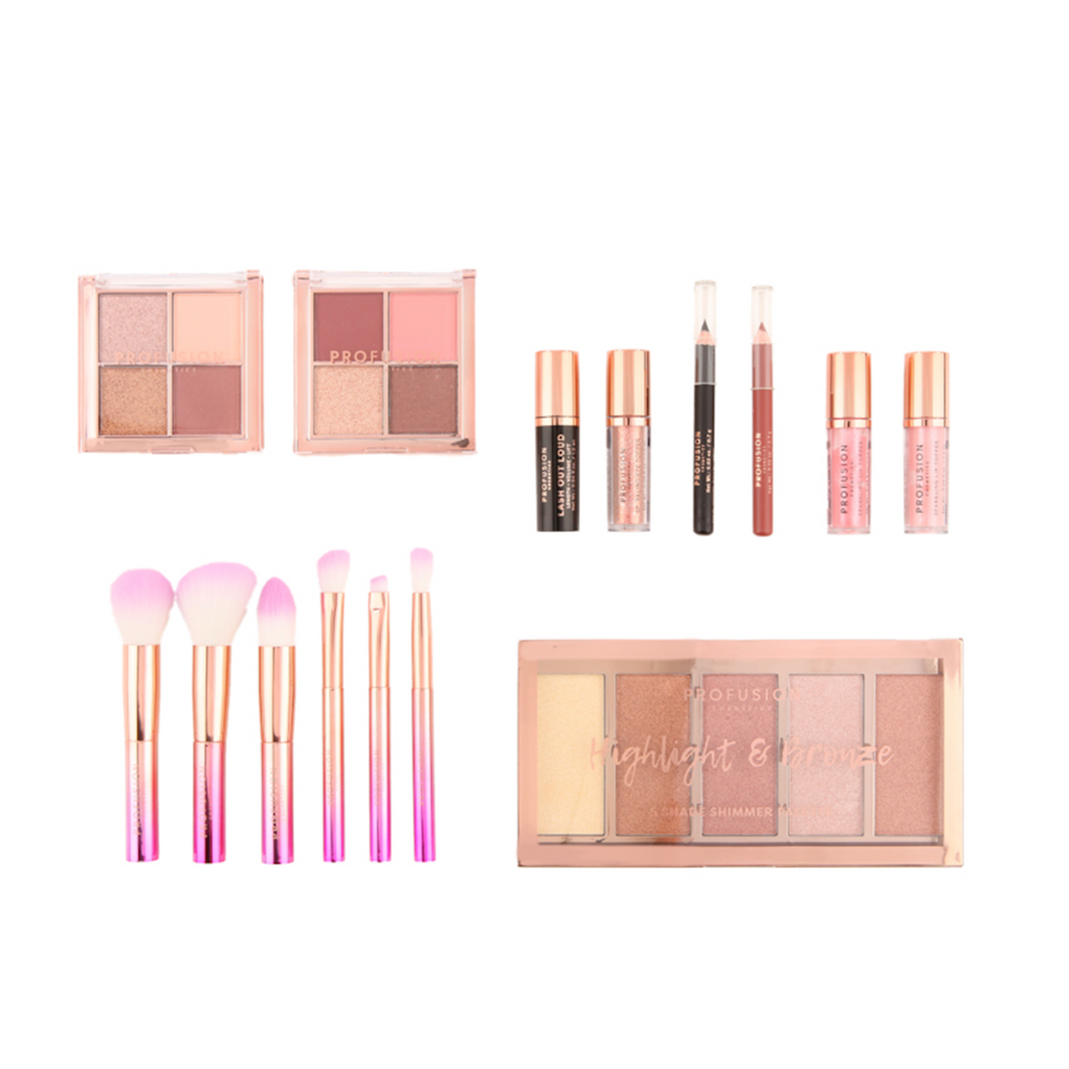 Eyeshadow palettes, highlighter and bronze palette, mascara, eye topper, lip gloss and best makeup brushes set, lip liner and eyeliner.