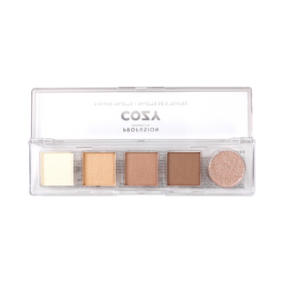 Neutral five-shade eyeshadow palette with matte, shimmer, and glitter finishes.