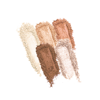 Matte and shimmer powder makeup swatches in neutral shades of cream, beige, brown, and champagne.