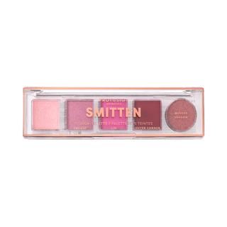 Five-shade eyeshadow palette in matte and shimmer pink and berry shades.