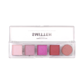 Five-shade eyeshadow palette with pink, purple, and berry tones in matte and shimmer finishes.