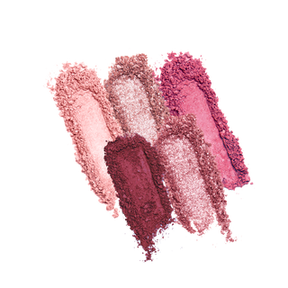 Powder eyeshadow swatches in matte and shimmer shades of pink, plum, and rose gold.