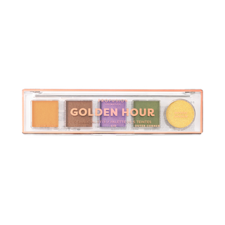 Five-shade eyeshadow palette with matte and shimmer finishes in orange, brown, purple, green, and gold.