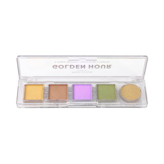 Five-shade eyeshadow palette with yellow, bronze, purple, green, and gold matte and shimmer finishes.