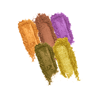 Powder eyeshadow swatches in matte orange, brown, purple, olive green, and shimmery gold.
