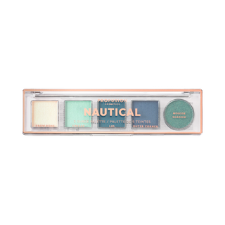 Five-shade eyeshadow palette with matte and shimmer blue, green, and cream shades.