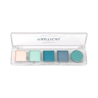 Five-shade eyeshadow palette with matte and shimmer finishes in peach, mint, teal, and blue.