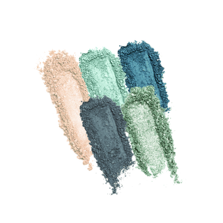 Matte and shimmer powder eyeshadow swatches in peach, mint, teal, and slate grey.