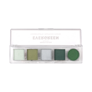 Five-shade green eyeshadow palette featuring matte and shimmer finishes.