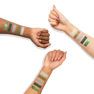 Green and silver eyeshadow swatches in matte, shimmer, and glitter finishes.