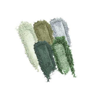 Powder eyeshadow swatches in matte and metallic shades of green and light blue.