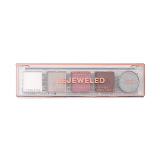 Five-shade eyeshadow palette with matte neutral, pink, and brown tones and a circular silver glitter shade.