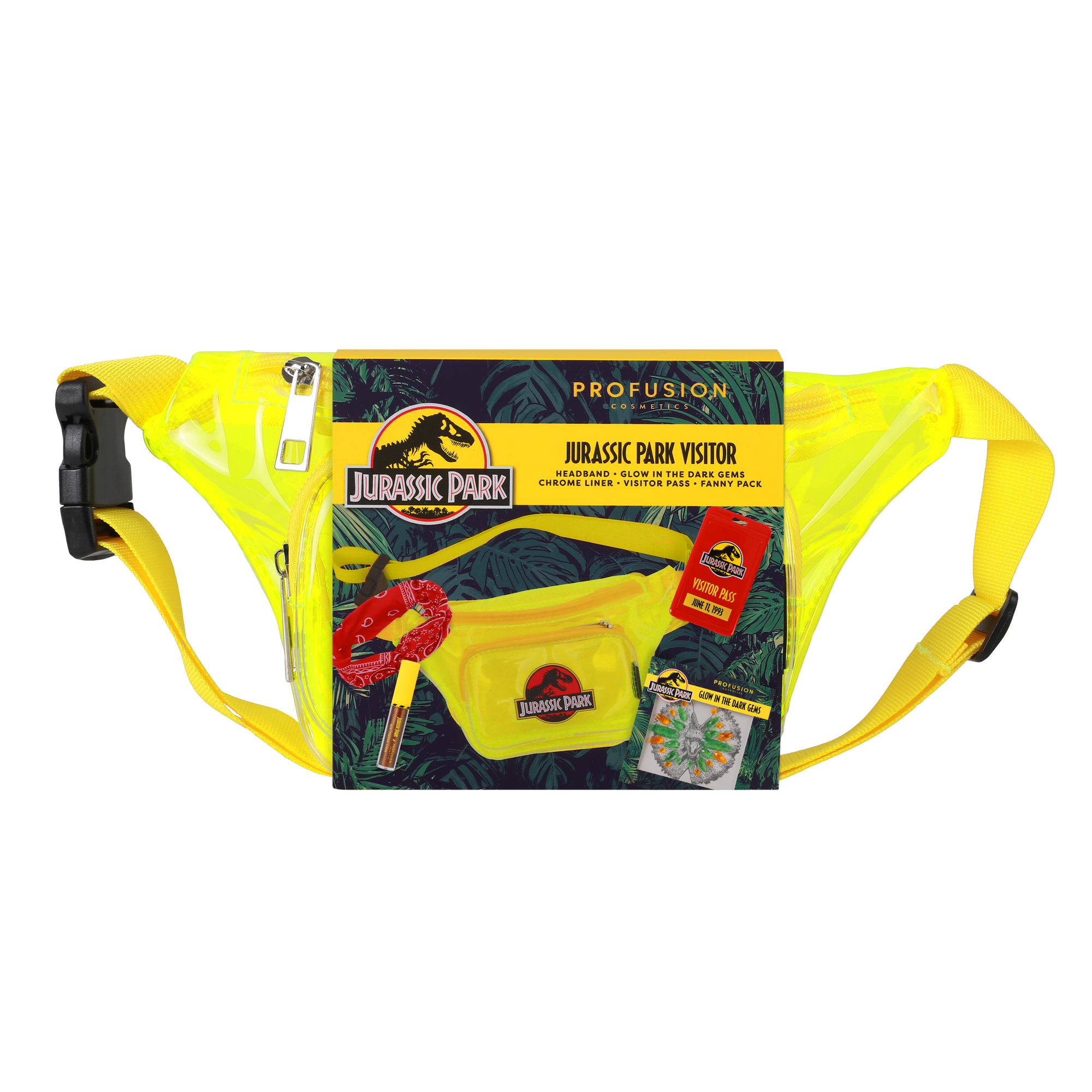 front of packaging with cover of everything that is in the fanny pack which are a bandana, chrome liner, visitor pass, and gems
