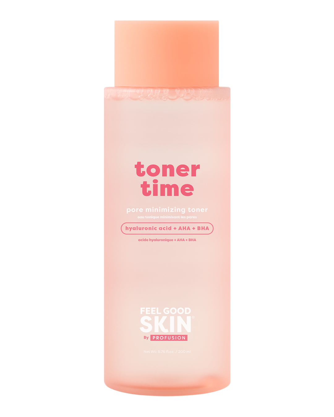 A bottle of Toner Time Pore Minimizing Toner by Feel Good Skin by Profession, featuring a translucent peach-pink bottle and cap with pink and white text on a white background.