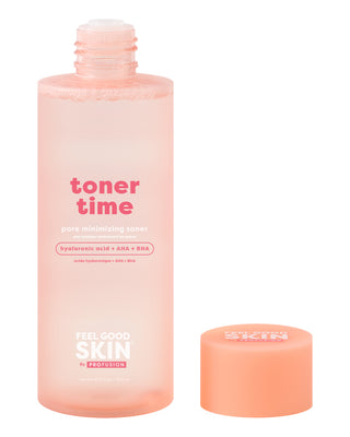 A bottle of Feel Good Skin by Profusion 'toner time' pore minimizing toner in a translucent peach-pink color, shown next to its matching peach-pink cap on a white background.