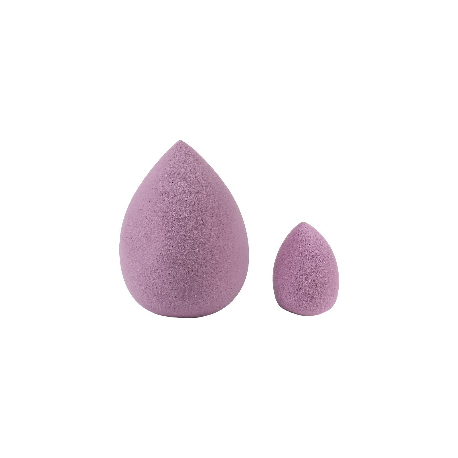 Makeup brushes with purple bristles and rose gold handles, alongside purple makeup sponges.