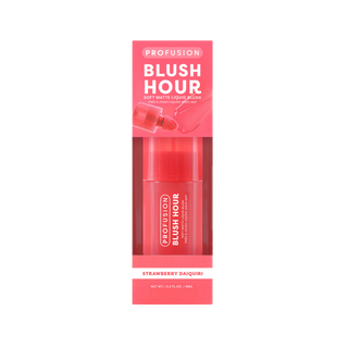 Profusion Blush Hour Strawberry Daiquiri soft matte liquid blush in a pink and red cardboard tube with a clear window showing the product inside, on a white background.