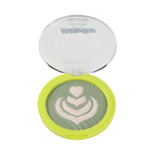 Green and white eyeshadow in a round, clear-lid compact from Profusion Cosmetics.