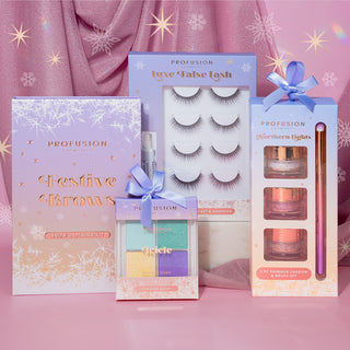 Profusion Cosmetics Festive Brows kit, Luxe False Lash set, Northern Lights shimmer shadow and glitter kit, and the Pastel Paradise eyeshadow quad, all in vibrant, festive packaging.