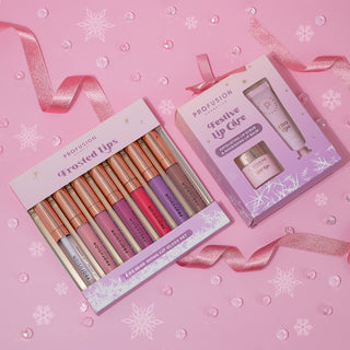 a lifestyle shot of 7 piece lip gloss set and lip scrub & nourishing lip balm