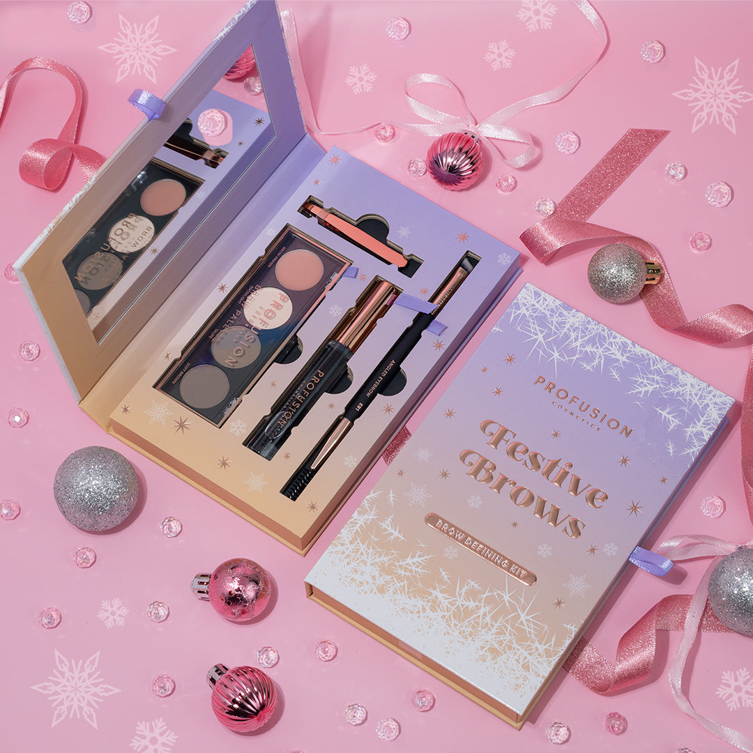 opened and closed box of festive brows tool kit