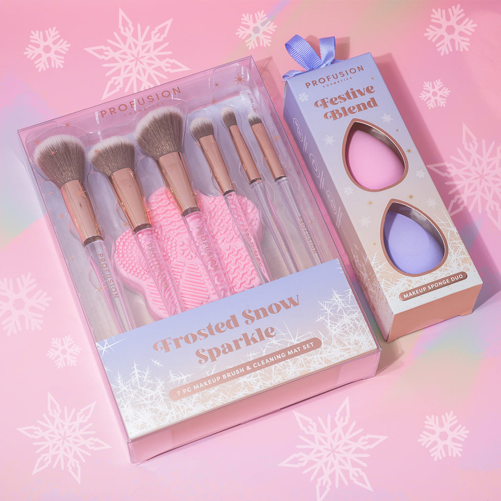 a lifestyle image of a set of 6 brushes and a two beauty blending sponge