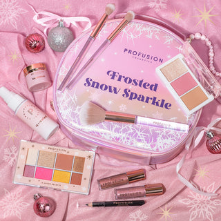 open cosmetic makeup bag case with makeup brushes, eyeliner, eyeshadow palettes, lip gloss, face mist, lip mask