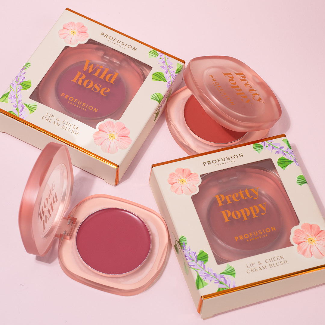 Profusion Cosmetics' Lip & Cheek Cream Blush collection features shades "Wild Rose" and "Pretty Poppy" in vibrant pink and coral hues.