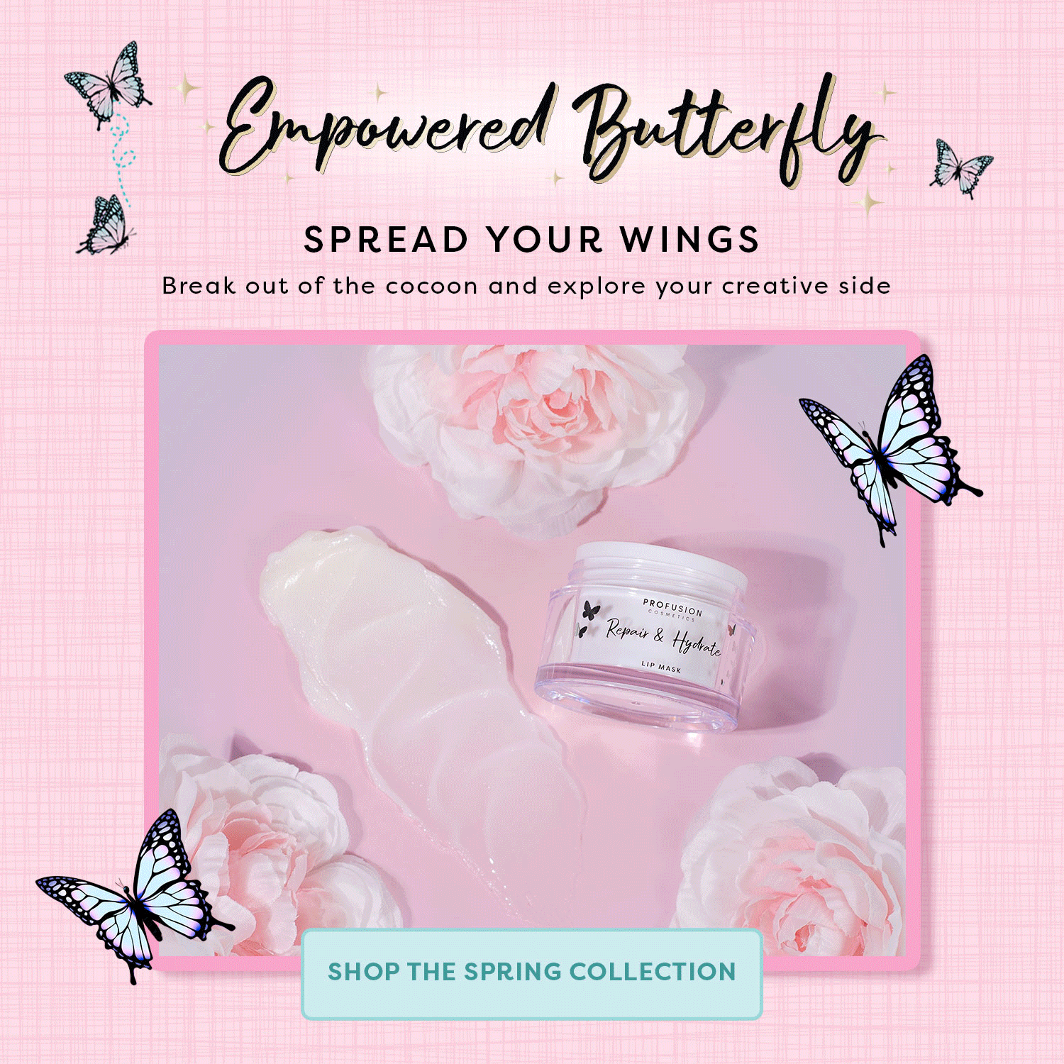 creative spring makeup with butterfly theme, pink purple and red makeup