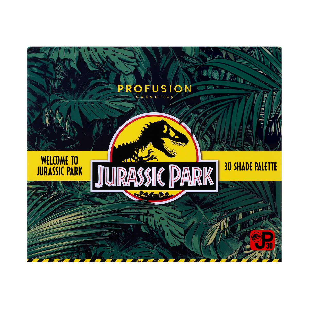 Front cover of the palette that says &quot; Welcome to Jurassic Park&quot; on the left and jurasic park logo in the middle, and the words &quot;30 shade palette&quot; on the right  
