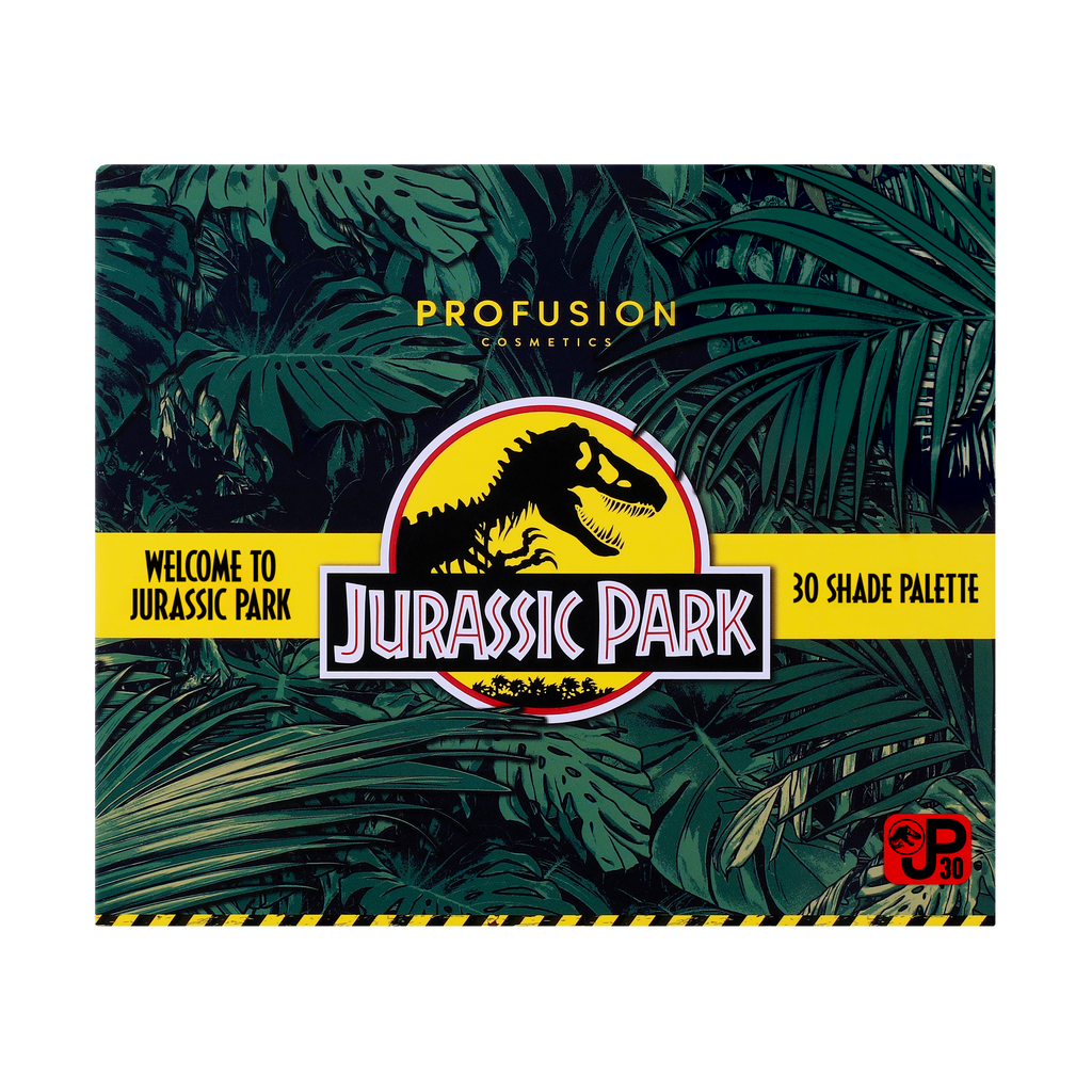 Front cover of the palette that says " Welcome to Jurassic Park" on the left and jurasic park logo in the middle, and the words "30 shade palette" on the right  