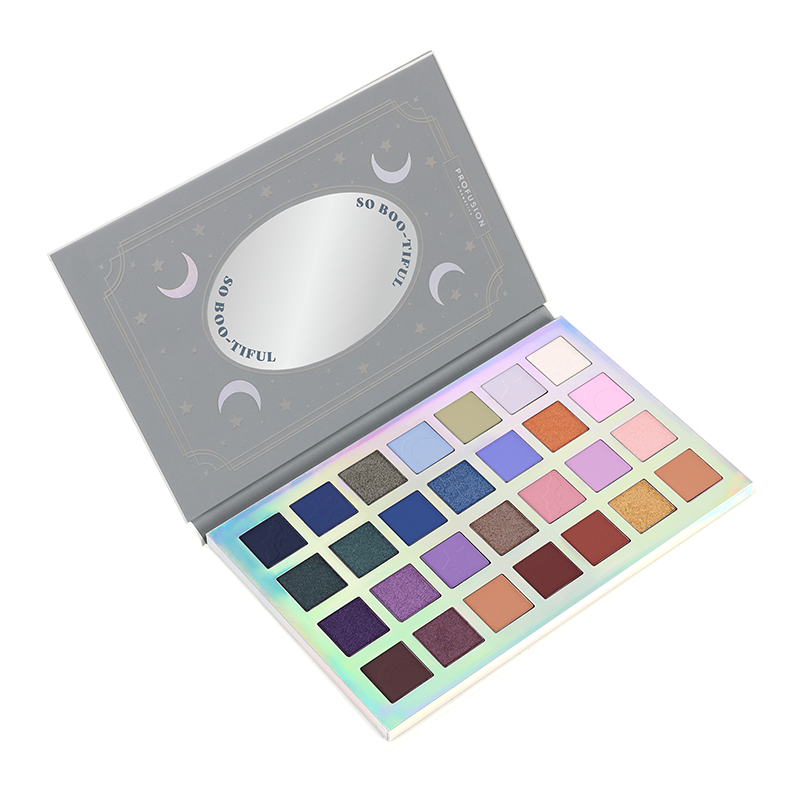 opened 28 shade palette, with oval mirror with letters that boarders the mirror saying "so boo-tiful"