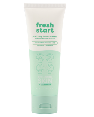 Tube of 'fresh start' cleanser with a white top and green bottom on a white background