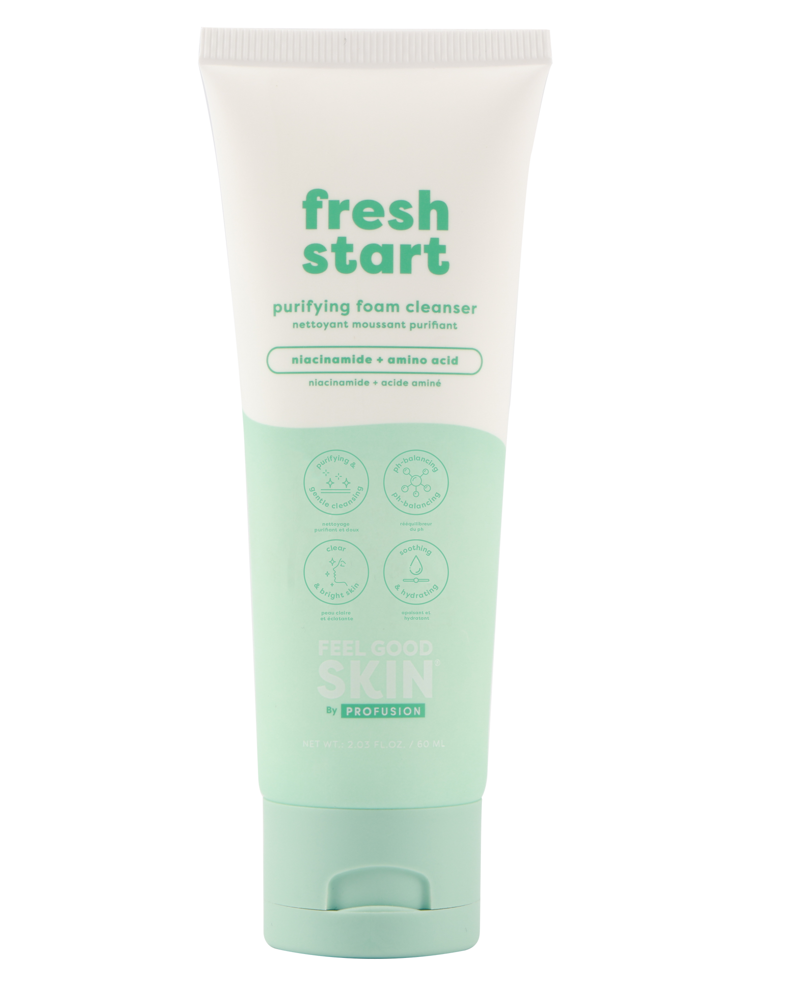 Tube of 'fresh start' cleanser with a white top and green bottom on a white background