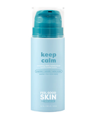 A light blue pump bottle of Keep Calm Soothing Daily Moisturizer by Feel Good Skin by Profusion, featuring a teal pump and clear cap on a white background.