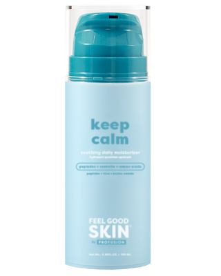 A bottle of Keep Calm Scintilling Daily Moisturizer by Feel Good Skin by Profession, featuring a light blue body and a teal pump dispenser under a clear cap, set against a plain white background.