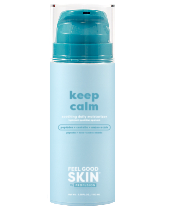 A bottle of Keep Calm Scintilling Daily Moisturizer by Feel Good Skin by Profession, featuring a light blue body and a teal pump dispenser under a clear cap, set against a plain white background.